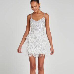 NADINE MERABI Silver and White Feather Dress